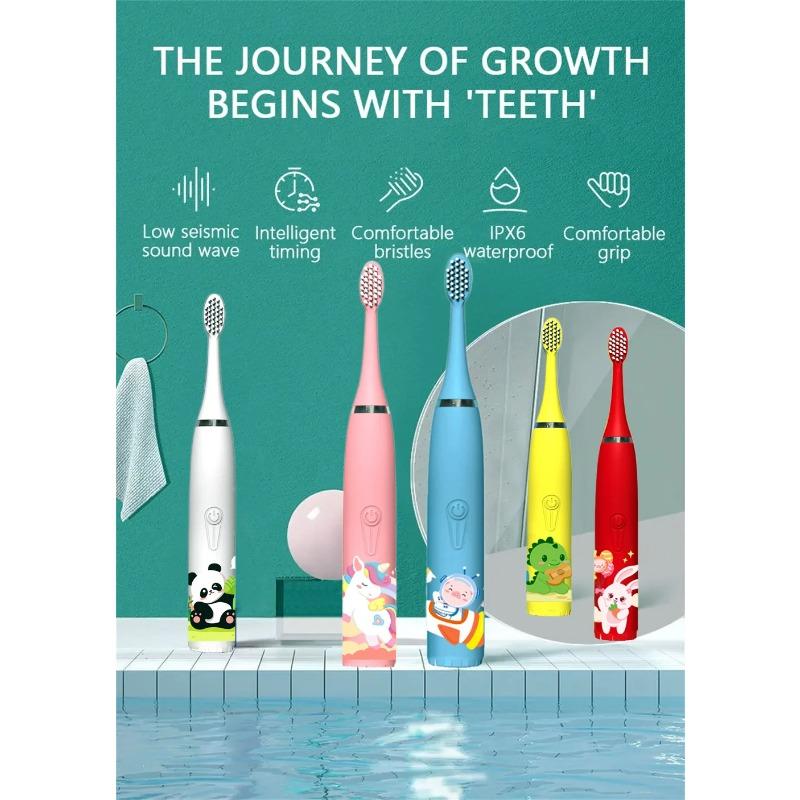 Elektrische Schallzahnbürste für Kinder, wasserdicht, per USB wiederaufladbar, Timer mit Ersatzkopfbecher, Zahnbürstenhalter, Reisebox-Set