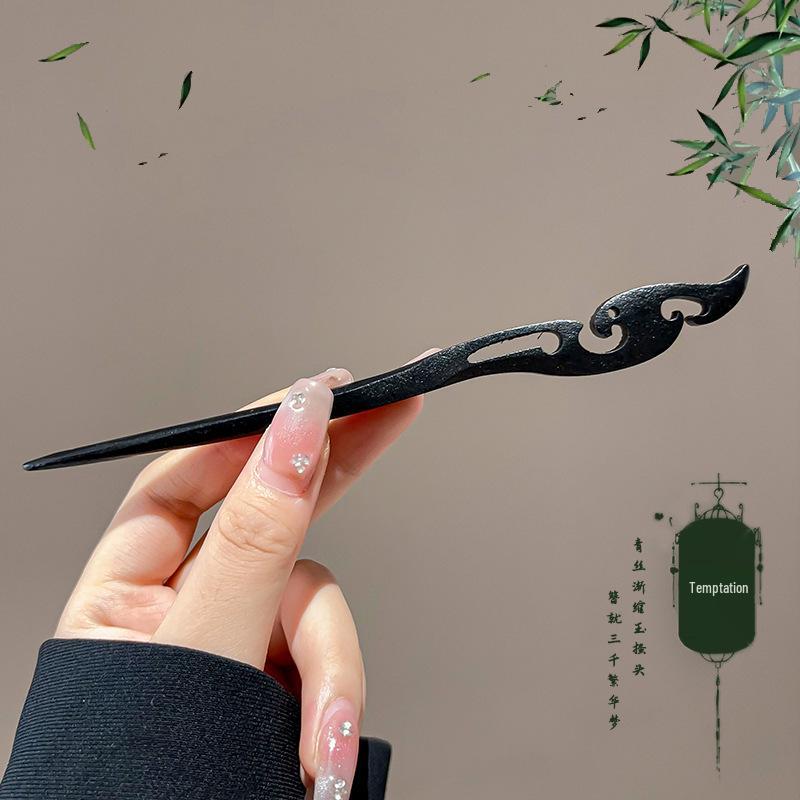 High-End Chinese Wooden Hairpin with Tassels – Ancient Style Ebony Faux for Women