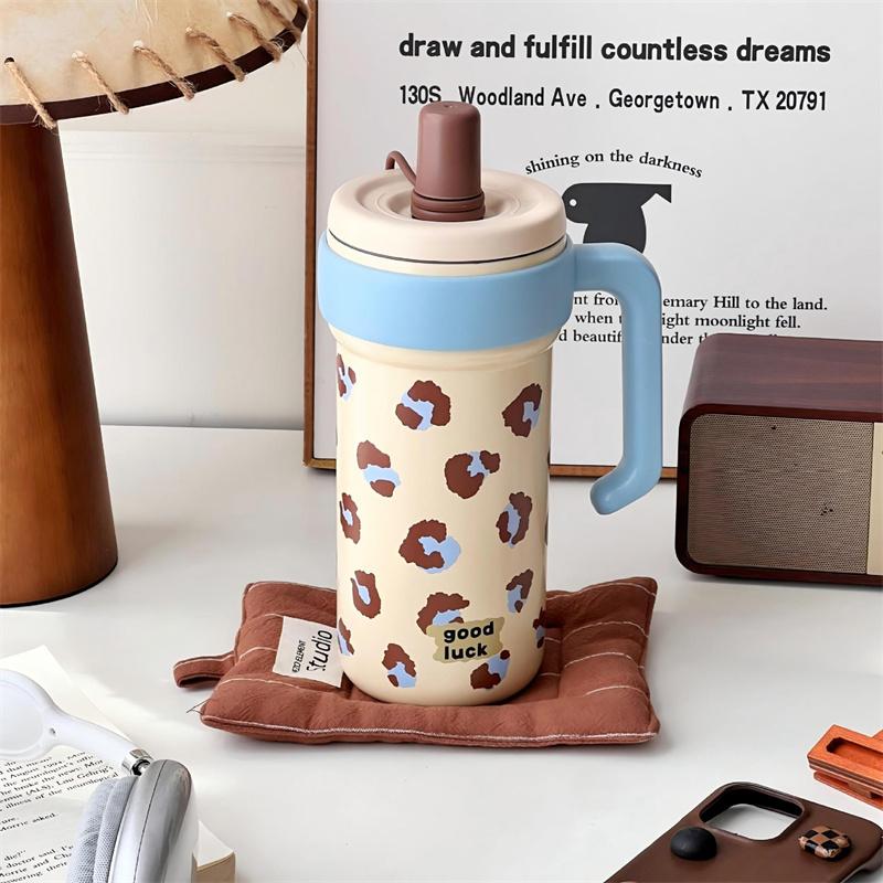 Large Capacity Cute Insulated Mug, 1000Ml Tumbler With Handle And Straw Lid, Stainless Steel Sports Water Bottle