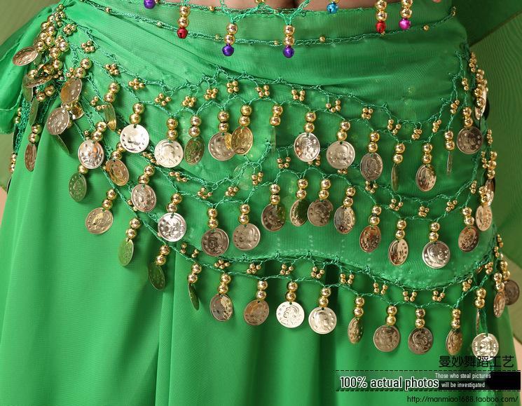Chiffon Belly Dance Waist Chain Belt with 128 Coins for Yoga and Indian Dance Practice