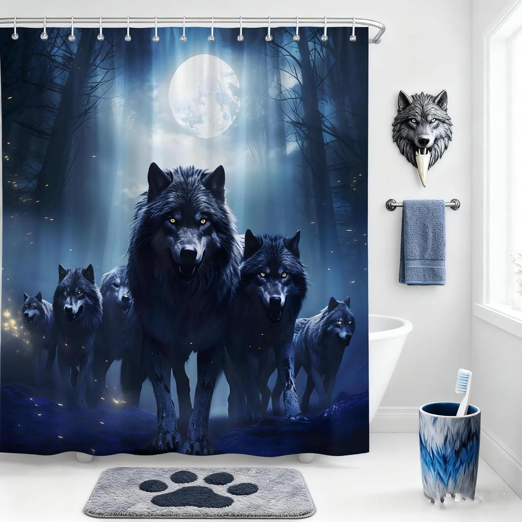 Wolf Shower Curtain Animals Under The Full Moon Howling Wildlife Wolves In The Misty Forest Night Sky Raptor Ferocious Polyester