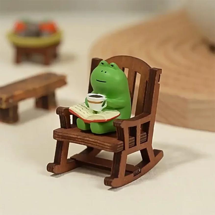 Cute Healing Small Decoration Cute Mini Frog Resin Figurine Rocking Chair Design with Book Coffee Home Bedroom Office Decoration