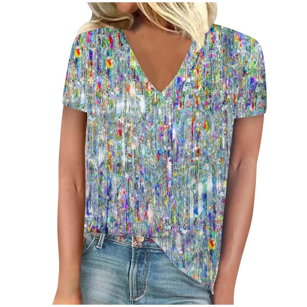 Summer V-neck 3D Stripe Printed Top Fashionable Casual Short Sleeved Women's T-shirts