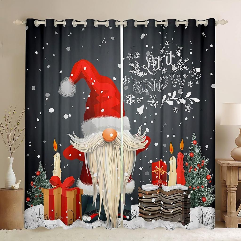 Christmas Gnome Curtain Winter Xmas Theme Window Curtains Snowflake Happy New Year Holiday Room Decor Panels Light Blocking Made Of Polyester