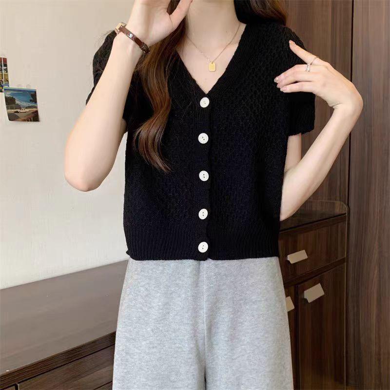 Short Sleeved Knitted Shirt for Summer Women's Clothing Hollowed Out Ice Silk Cardigan for Outerwear