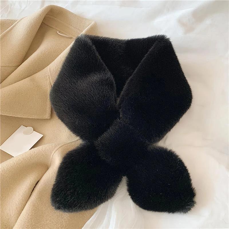 Cross Scarf For Women Autumn Winter Keep Warm Thick Plush Neck Collar Solid Color Fake Rabbit Fur Collar Scarf