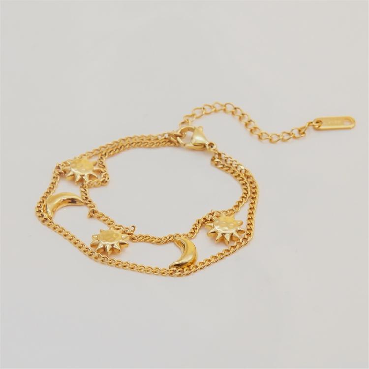 Double Layer Bracelet Sun Moon Charm Bracelets Stainless Steel Wrist Jewelry Present for Women Men Trendy Accessory