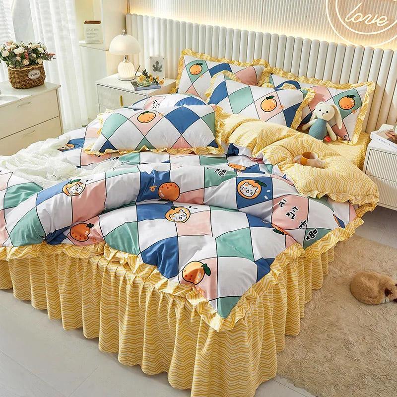 4pcs/set Comfortable Brushed Bed Skirts Sheets Quilt Covers Bedding Sets Four Seasons Universal Four Piece Sets High Quality Bedspread Suit