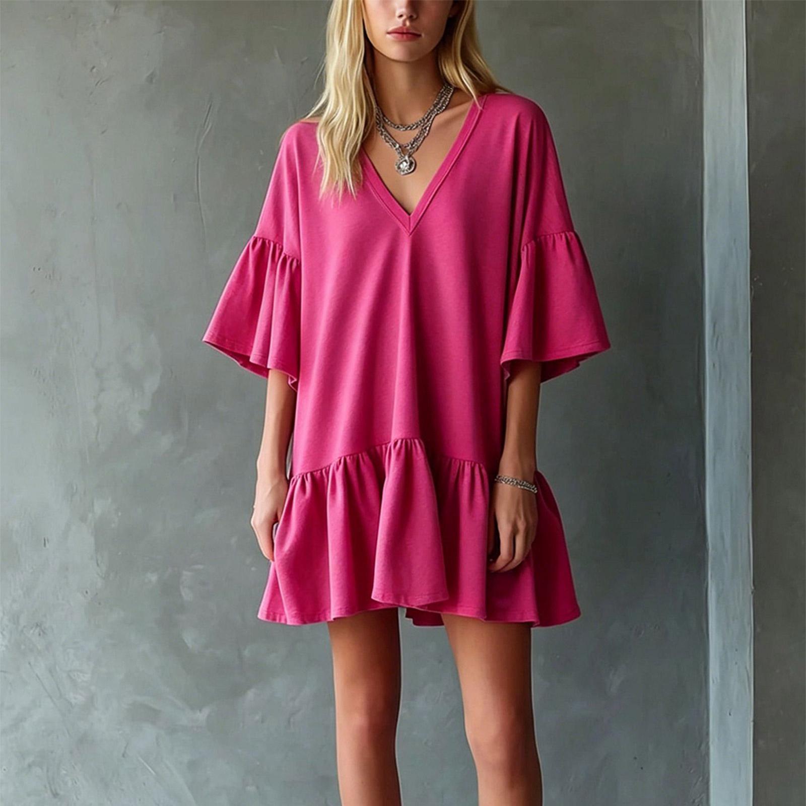 Women s Casual V Neck Loose Fit Ruffle Hem Plain Sweatshirt Dress Half Sleeve Relaxed Fit Tunic Dress S