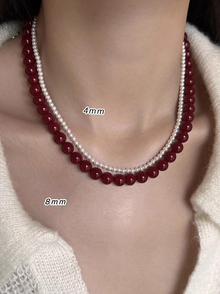 S925 Sterling Silver Encore Red Simulated Pearl Necklace for Women - Festive Autumn/Winter Sweater Chain