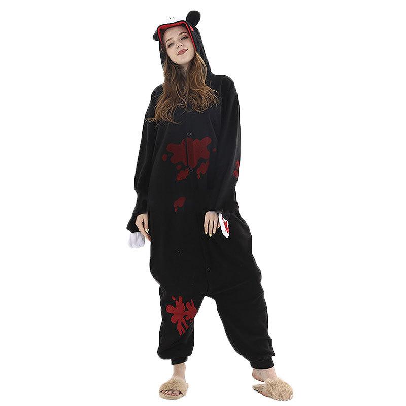 Autumn And Winter Cartoon Animal One-Piece Pajamas Black Powder Bear Fleece Loungewear