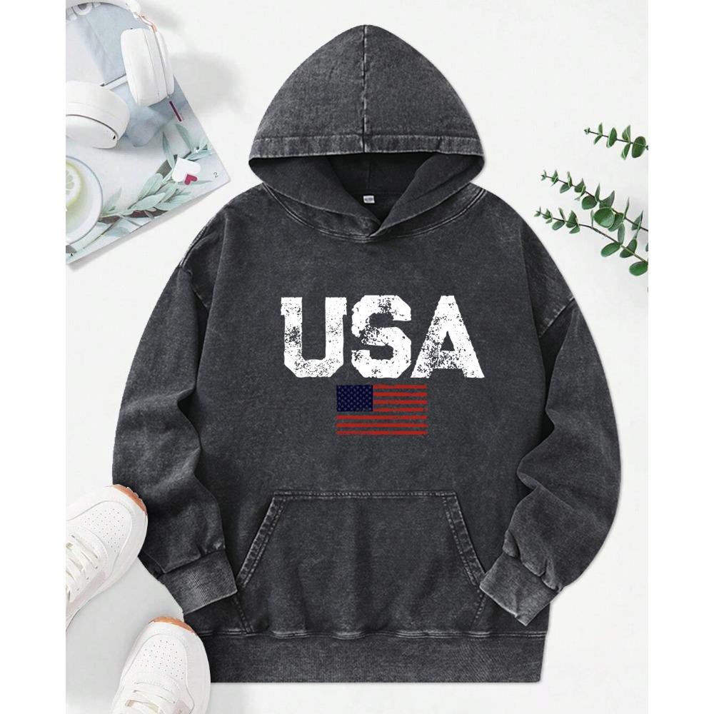 Retro USA Potisk Písmen Prané Mikiny Módní Kapsa Mikina Ležérní Bavlněné Pulovry Oversized Dámské Dámské Oblečení