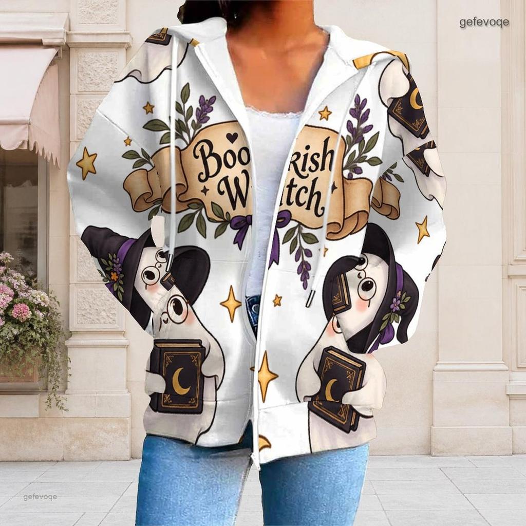 Women Plus Size Zip Up Long Sleeve Hoodie Cute Ghost Witch Printed Drawstring Hood Pockets White
