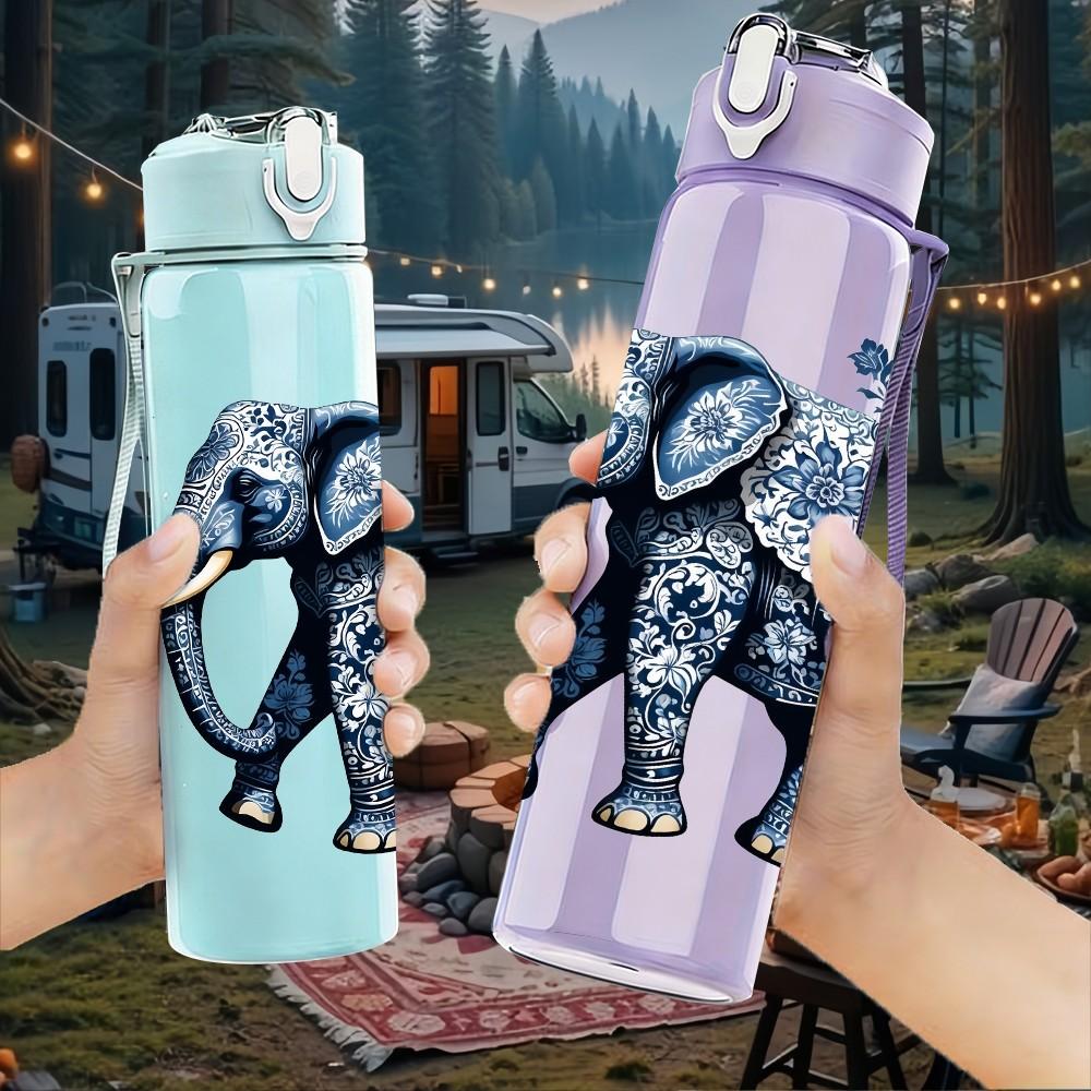 1PC Asian Elephant Wildlife Pattern 750ml Color Plastic Sports Water Bottle Leakproof Flip Straw Lid Suitable for Sports Office Home Use
