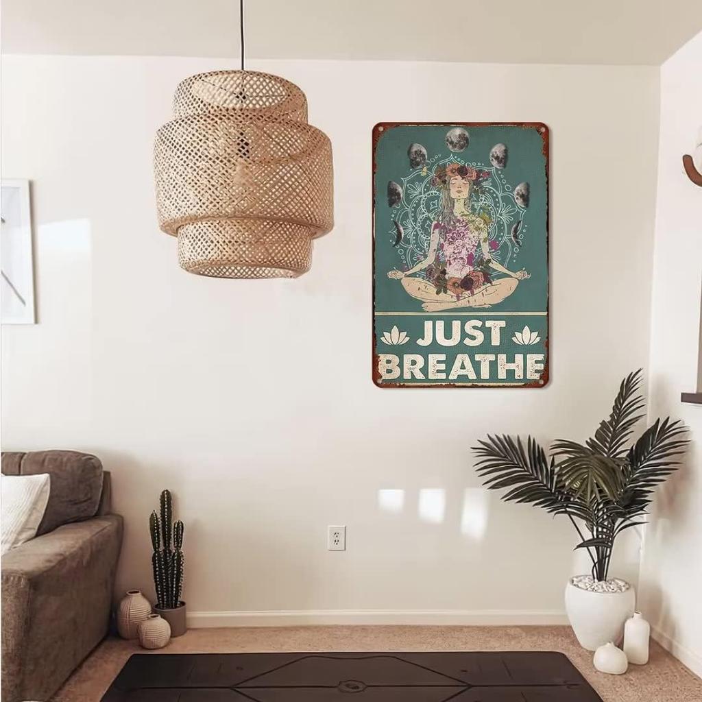 Олов'яна табличка "Дівчина-йога" в стилі ретро. Настінний декор. Просто дихай. Йога. Смішна надихаюча цитата. Настінне мистецтво. Вінтаж. Олов'яний знак.
