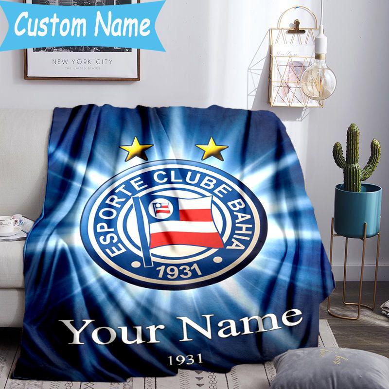 Custom Name Bahia Fc Crest Design Flannel Blanket, Use for Birthday/Holiday Gift, Soft Blanket for Sofa/Bed/Camping/Office, Home Decor