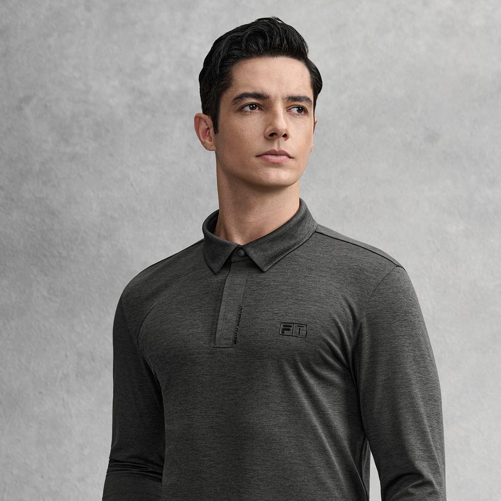 FILA Golf Series Fashion Versatile Sports Comfortable Knitted Long Sleeve Polo Shirt Men tops Gray A11M615214FMG