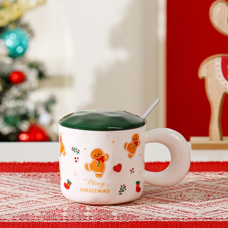 Christmas Gift: Cute Ceramic Mug with Lid and Spoon, Large Capacity, Round Handle 380ml