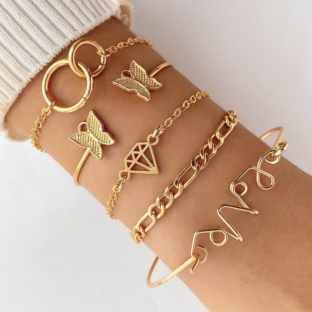Fashionable and Unique Retro-style Butterfly Open Cuff bracelet5Set Metal Hollow-out Bracelet