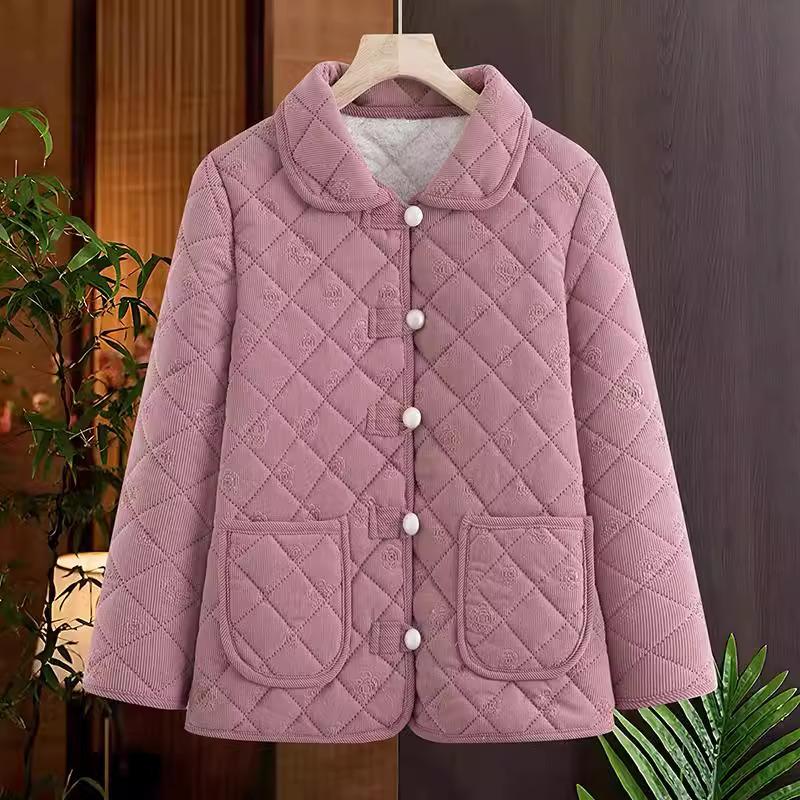 

2024 Зимнее теплое хлопковое пальто на бархатной подкладке с отложным воротником для женщин среднего и пожилого возраста 5XL [145-165 jin] розовый