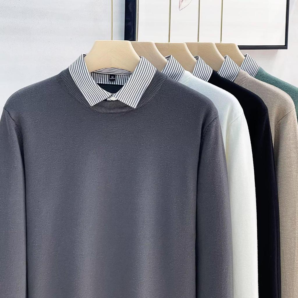Men's High-End Faux Two-Piece Striped Sweater with Shirt Collar - Versatile Knit Base Layer for Autumn/Winter.