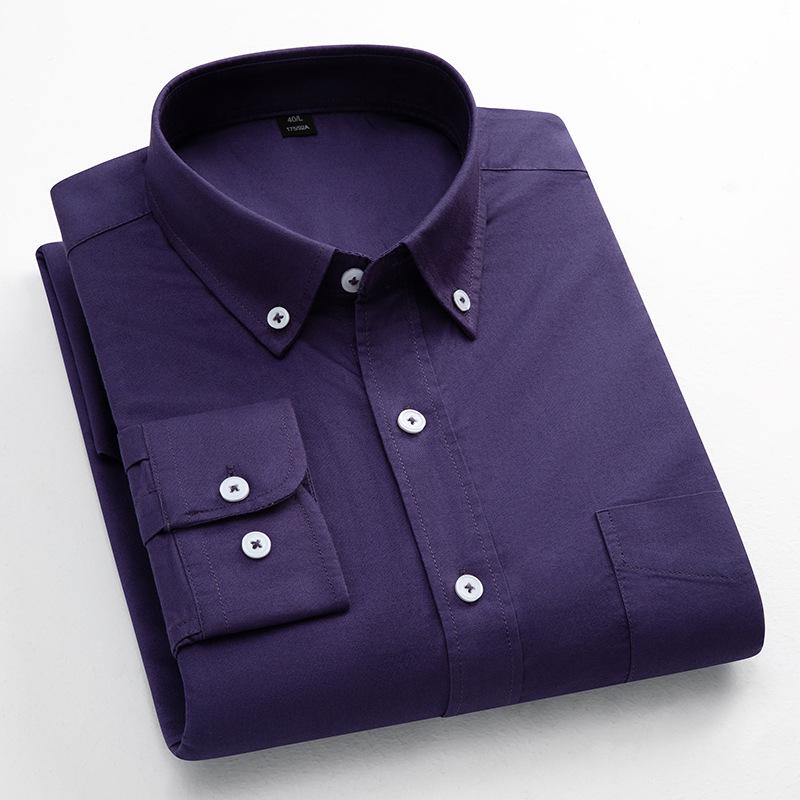 Men's Long-Sleeve Oxford Cotton Shirt - Breathable, Solid Color for Casual or Daily Wear