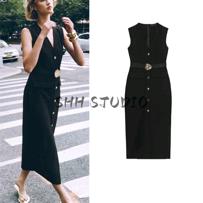 Summer New Fashion Round Neck Sleeveless Metal Buckle with Belt Crepe Midi Skirt Dress 3897166