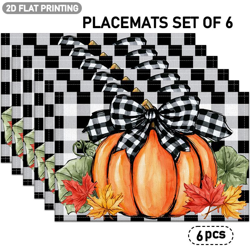 4/6pcs, Autumn Pumpkin And Maple Leaf Pattern Placemats, Black And White Checkered Bow Decoration, Suitable for Indoor/Outdoor Party Restaurant Decor,