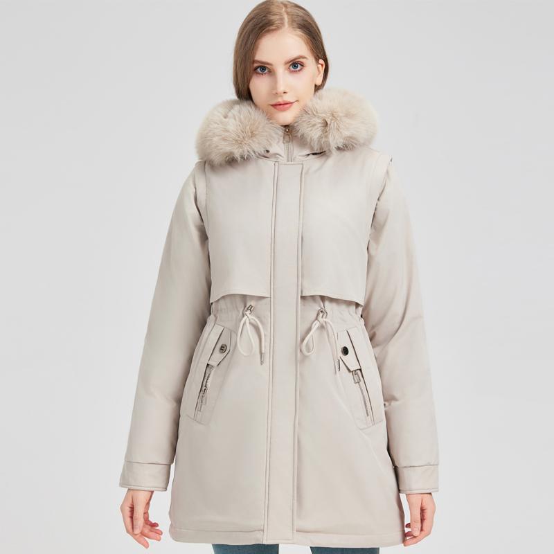 Fashion Winter Coat Female Long Parkas Hooded Faux Fur Collar Detachable Sleeves Loose Thick Warm Women's Jackets