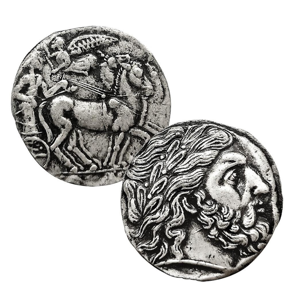 Monete greche antiche in argento, monete olandesi, luna, Zeus, costellazioni, stile retrò greco antico, arte scultorea