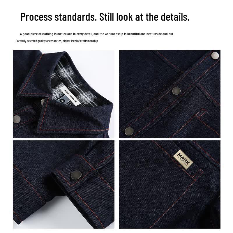 Mark Fairwhale Men's Faux Two-Piece Plaid Patchwork Denim Shirt