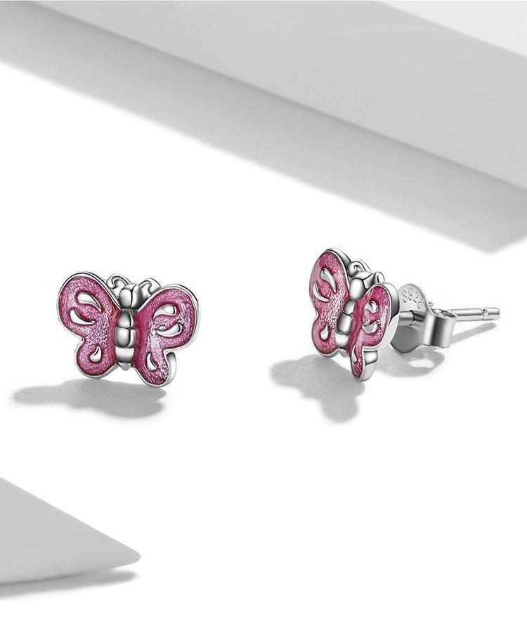 Aifle Sterling Silver S925 Pink Butterfly Earrings with Platinum-Plated Oil-Drop Design