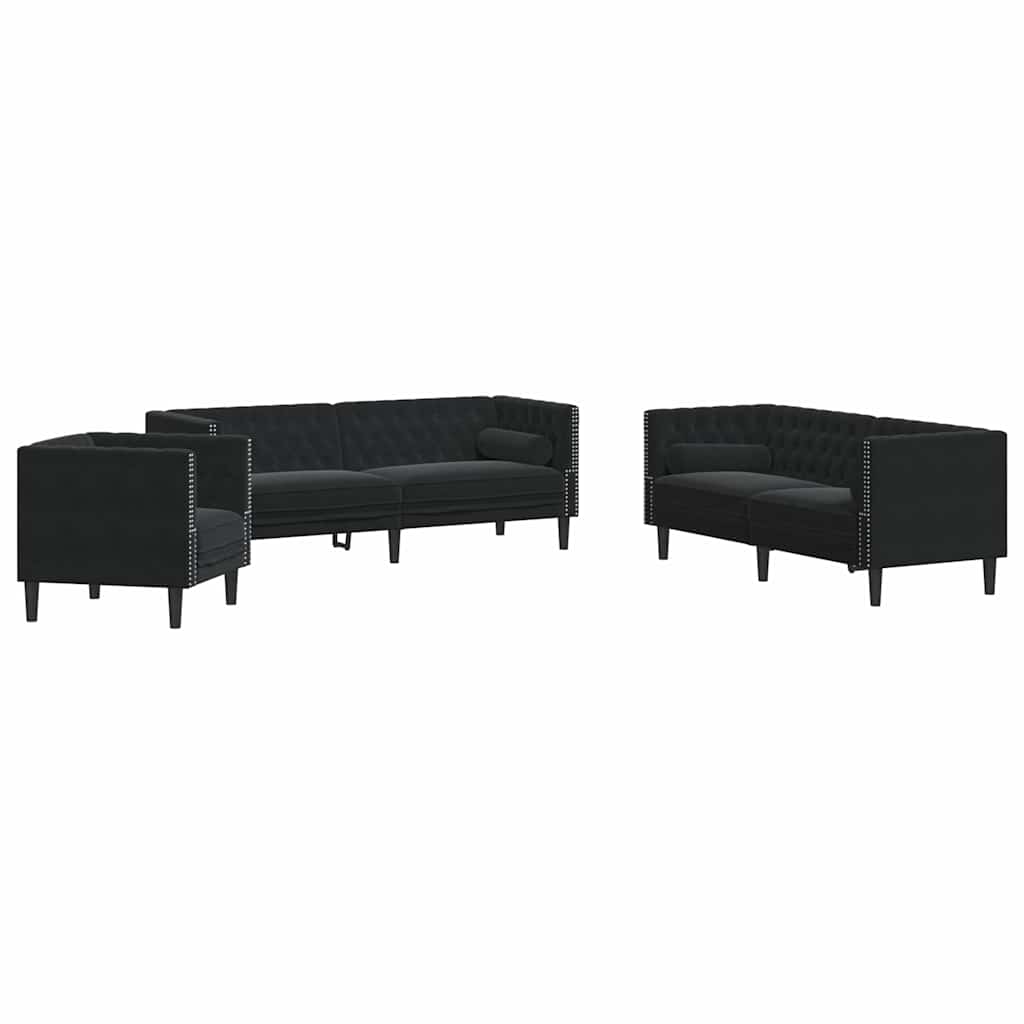 Vidaxl 3-Cz. Chesterfield Relaxation With Rollers, Black, Velvet