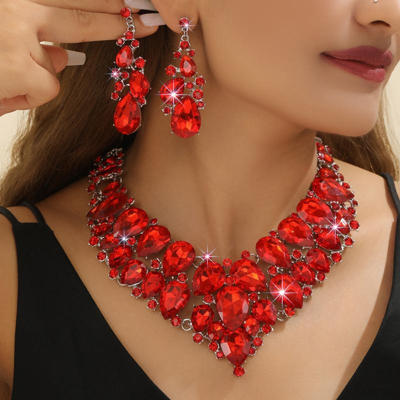Bold and dramatic red crystal necklace and earring set - bridal wedding alloy jewelry красный