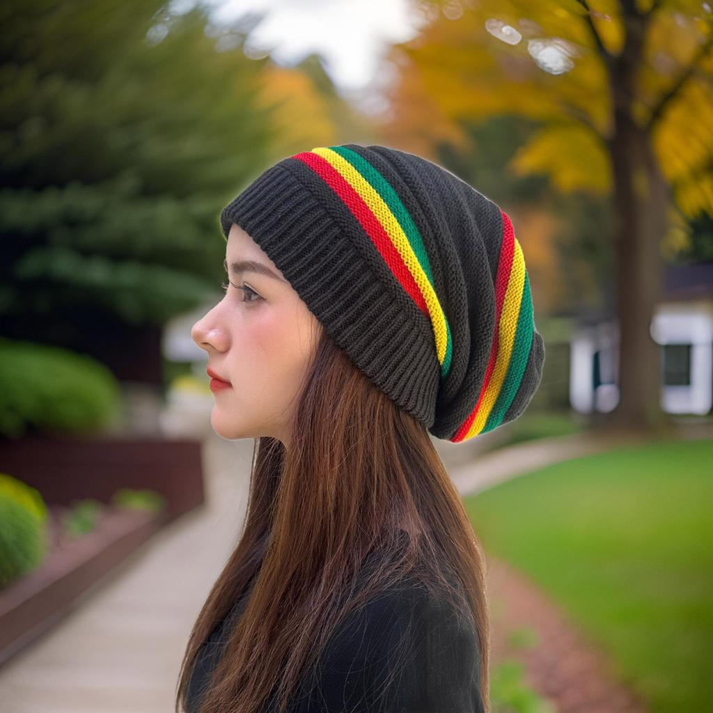 Unisex Knitted Hat Multicolor Stripe Wrinkles Hat Soft Acrylic Handmade Hat for Men and Women