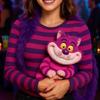Tricou cu Mânecă Lungă pentru Femei, Dungi Roz și Mov, Grafică Estetică, Gât Rotund, Pisica Cheshire, Costum de Halloween, Tricou Femeiesc