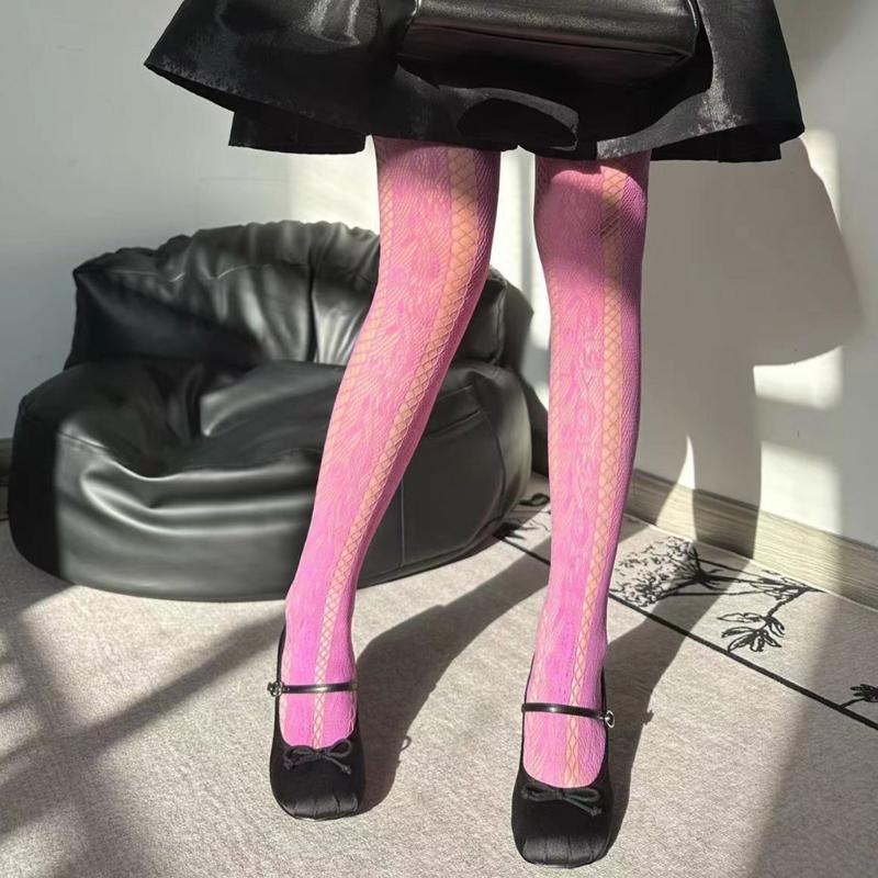 Women French Style Vintage Fishnet Pantyhose Rose Jacquard Patterned Sheer Mesh Tights Side Hollow Out Striped Stockings