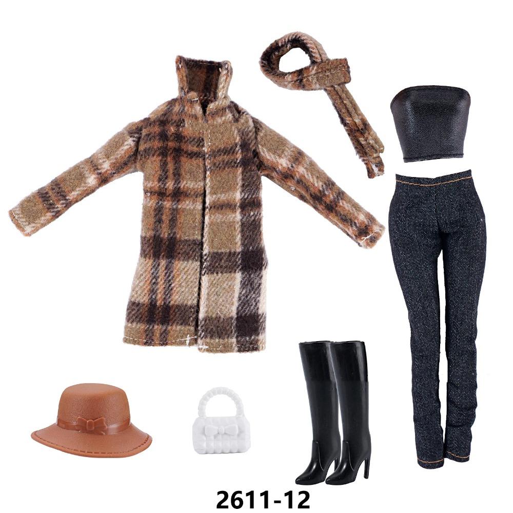 30cm Doll Clothes Fashion Luxury Fur Collar Waist Leather Trench Coat Jacket Pants Skirt Set For 1/6 Supermodel Doll Accessories