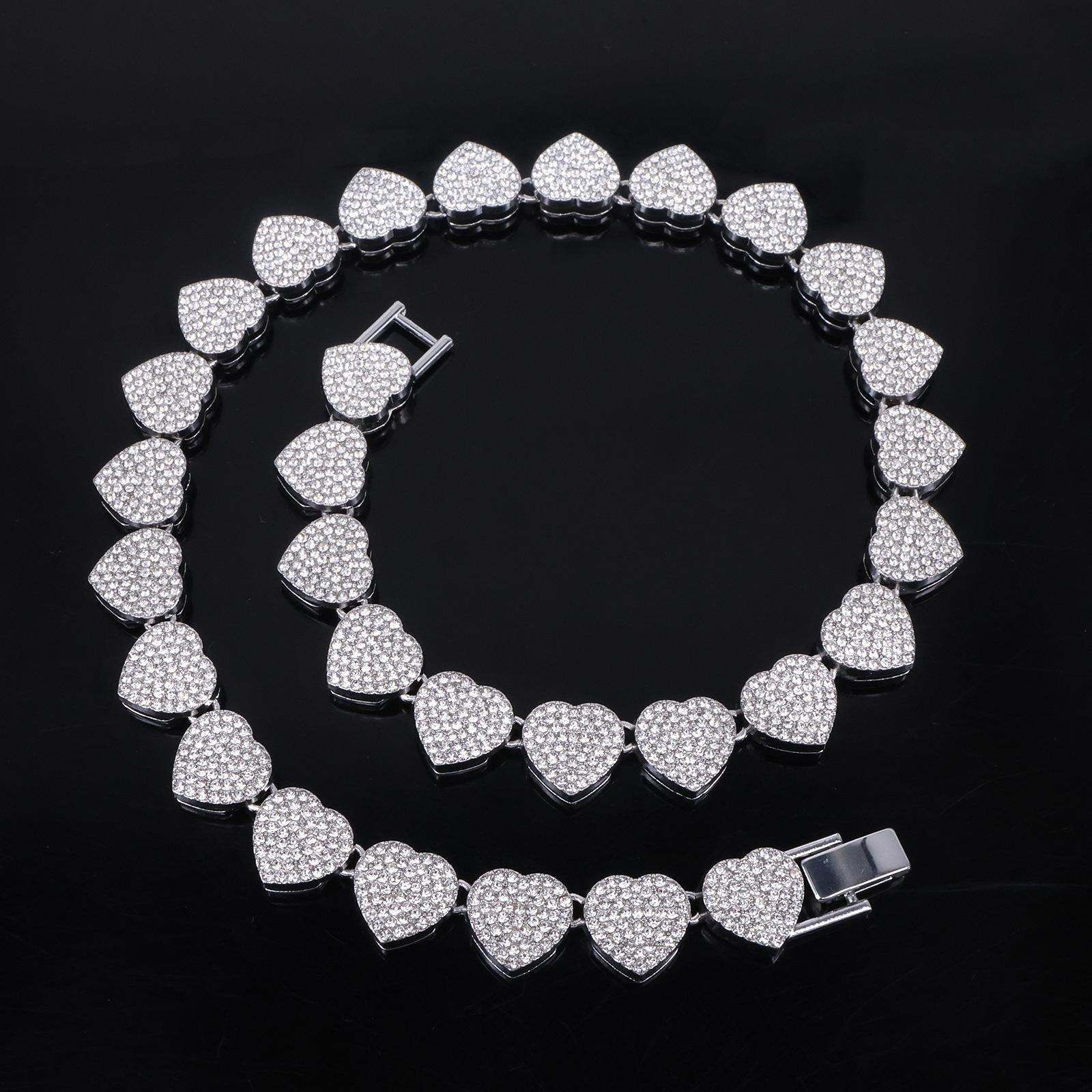 45cm Nieuwe Hip Hop Tennis Ketting Armband Ketting Glanzend Hart Strass Zirkonia Mode Rock Feest Sieraden Set white