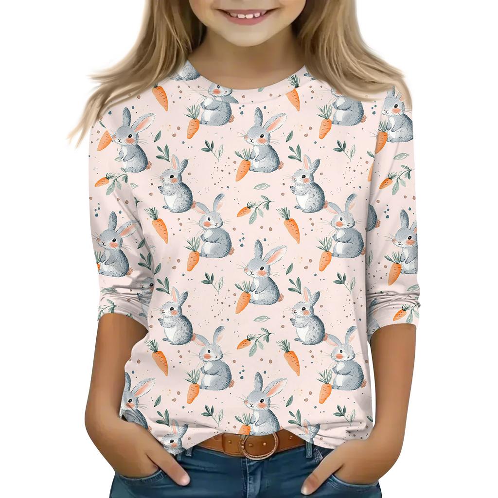 Print Tops For Youth Girls Round Neck 3/4 Sleeves T-Shirts Trendy Tops Outfit Tees