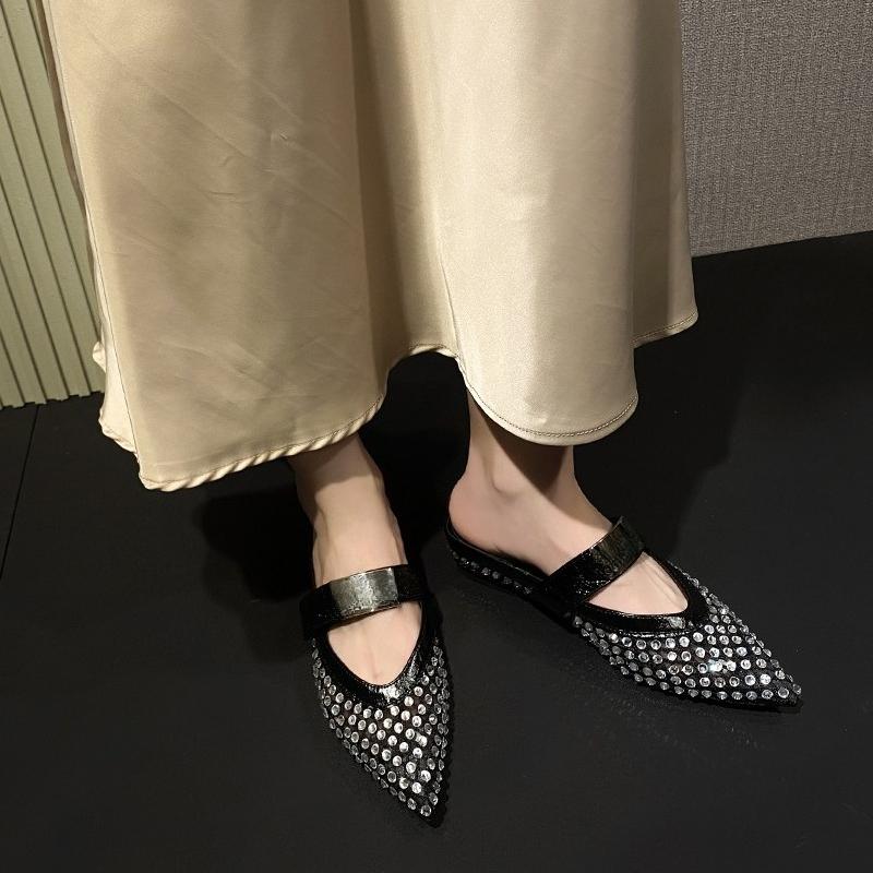 Rhinestone Mesh Wrapped Slippers Summer New Pointed Toe Cutout Breathable One Strap Non-Slip Low Heel Shoes
