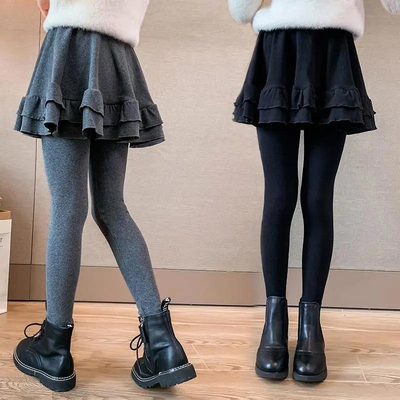 Dívčí stylové legíny se sukní - Jarní, podzimní, zimní nošení, Plus samet, Vzhled dvoudílného, Dětská nová móda