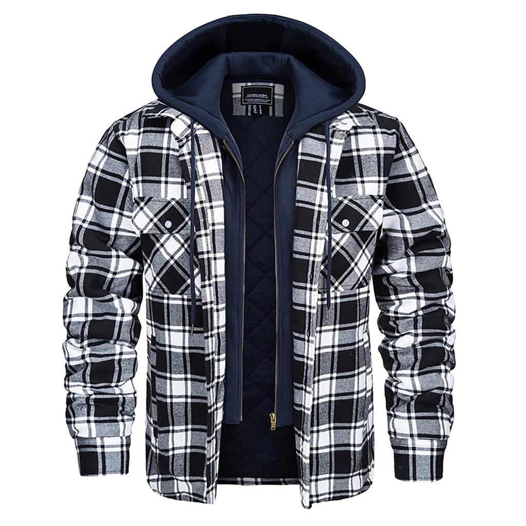 Plaid Flannel Shirt Jacket Men‘s Quilted Lined Coats with Removable Hood Winter Thick Hoodie Outerwear Heavy Shirts