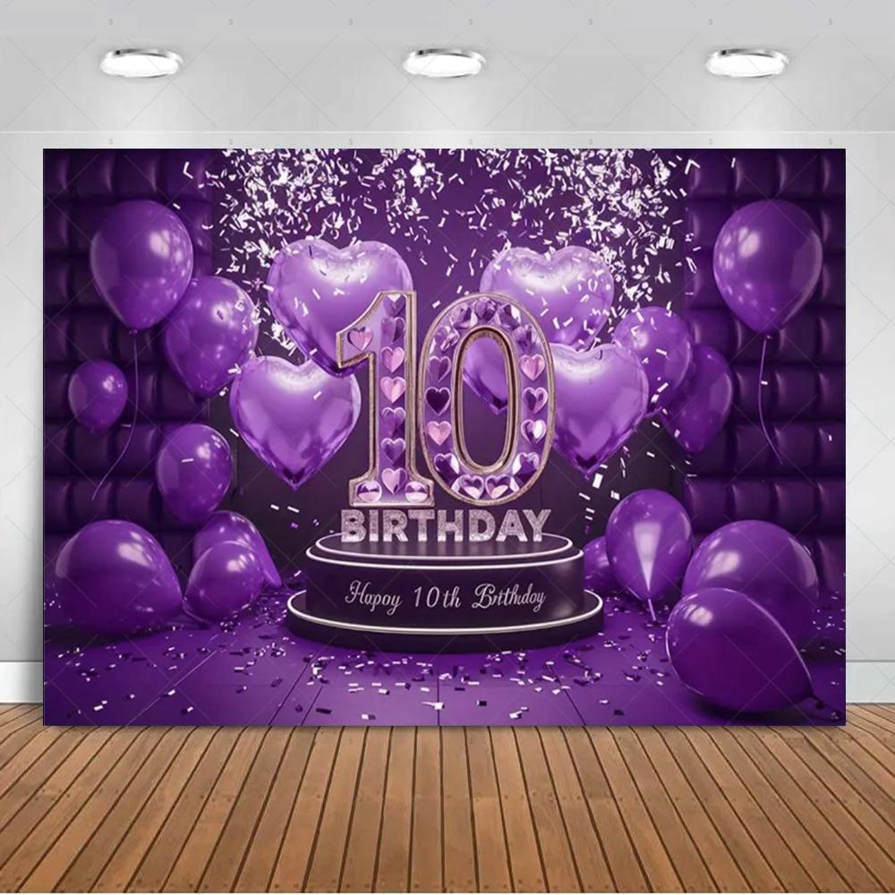 10th Birthday Party Decoration Backgound Surprise Colorful Glitter Balloon Gift Banner Boys Girls Happy Photography Studio Prop
