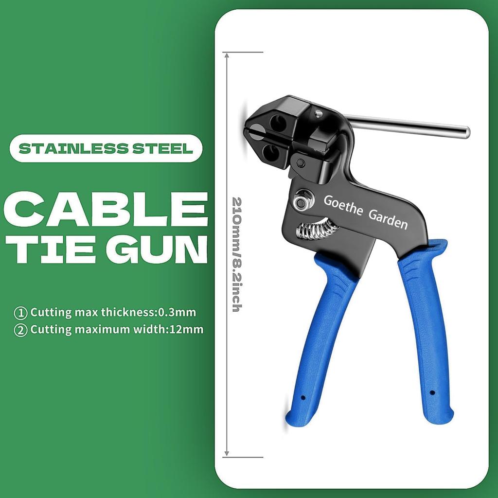 The Goethe Garden Cable Tie Gun Kit is a specialized tool for tightening and cutting stainless steel cable ties. It includes 200 UV-resistant,