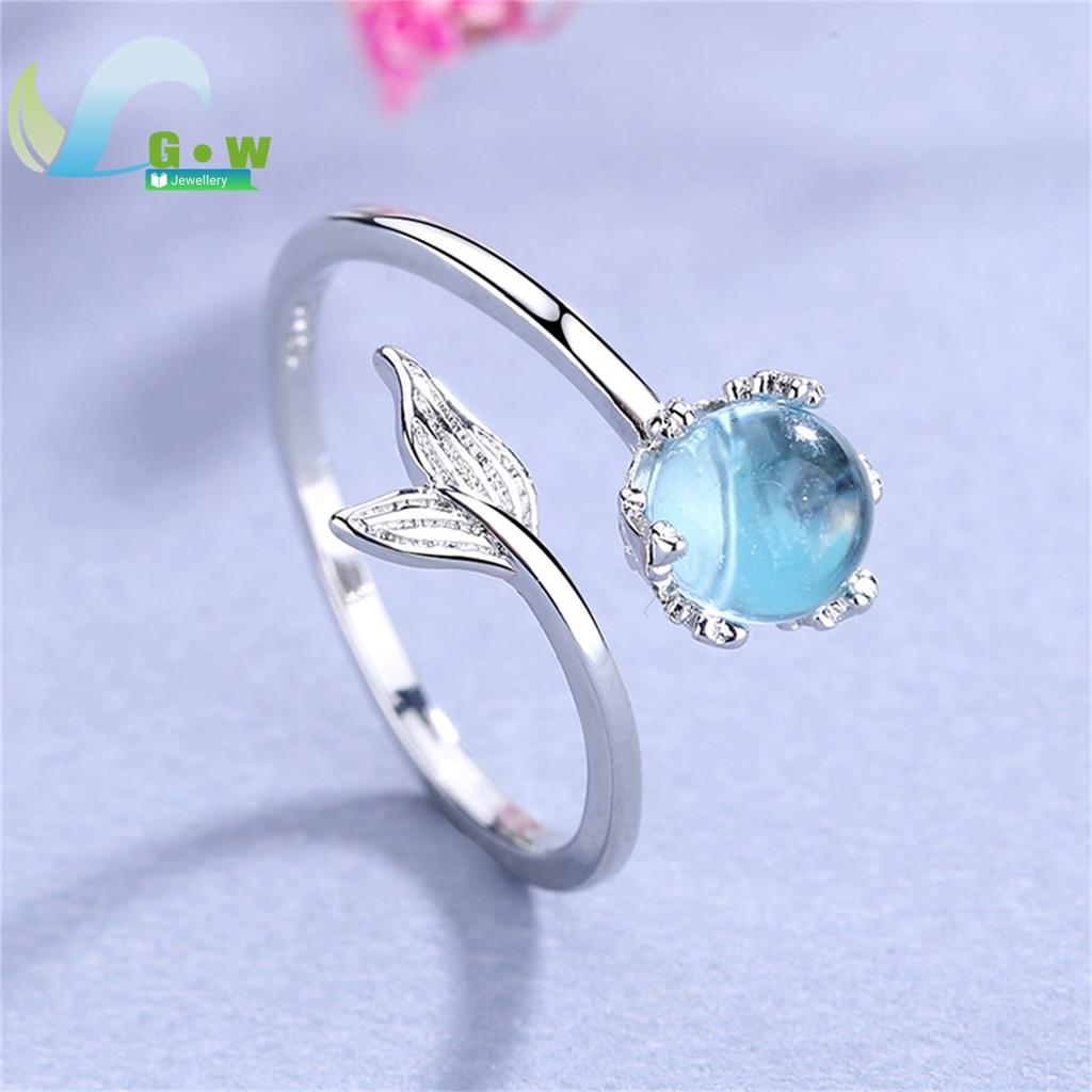 Mermaid Theme Adjustable Open Ring Blue Crystal Fish Tail Korean Minimalist Forest Style Stackable Finger Jewelry for Women Girl