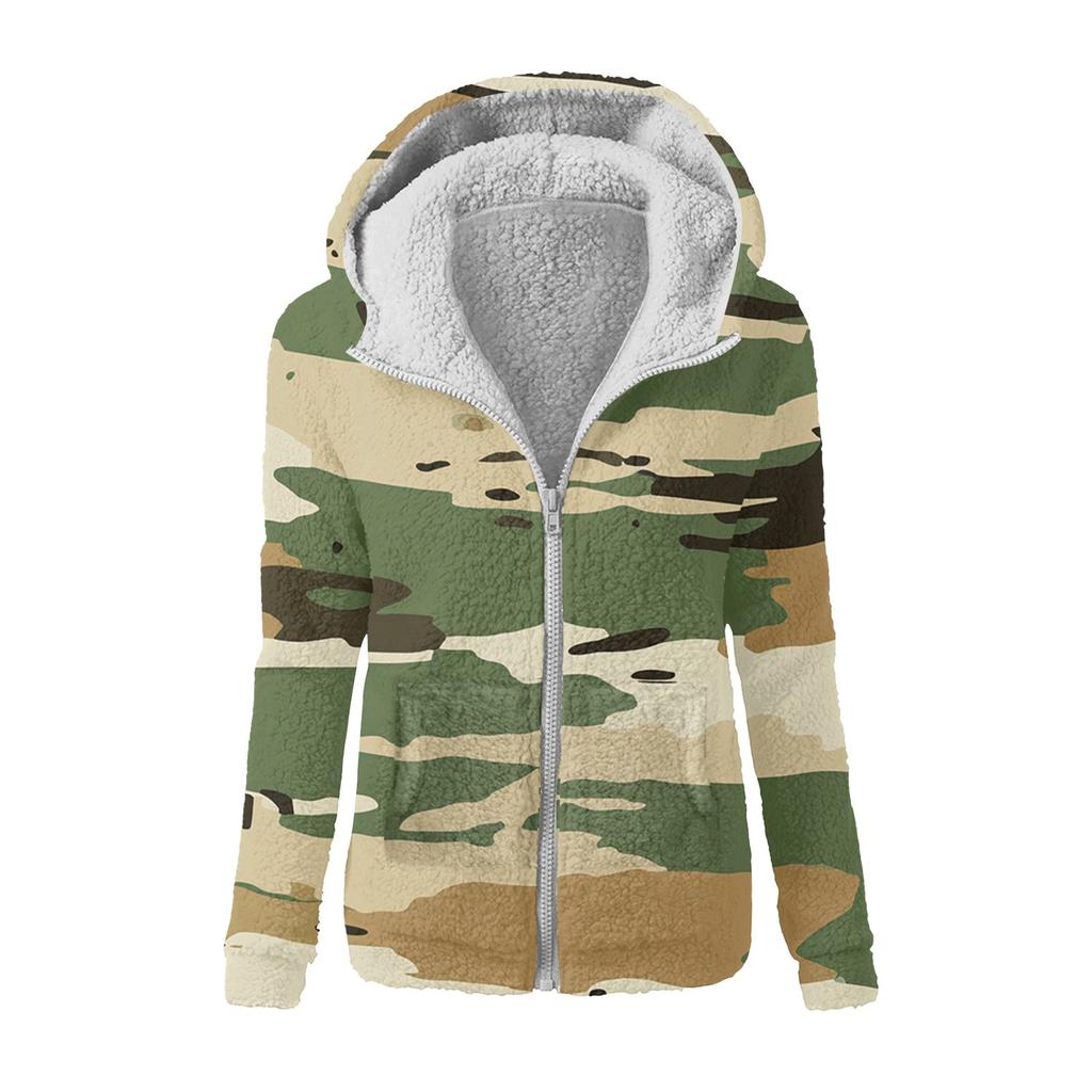 Women's Winter Camouflage Print Casual Fashion Plush Hooded Zipper Sweater Jacket