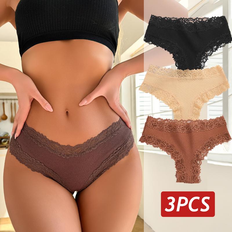 3PCS/Set Sexy Lace Panties for Women Cotton Brazilian Panties Female Low Rise Breathable Underwear Solid Colors Floral Lingerie