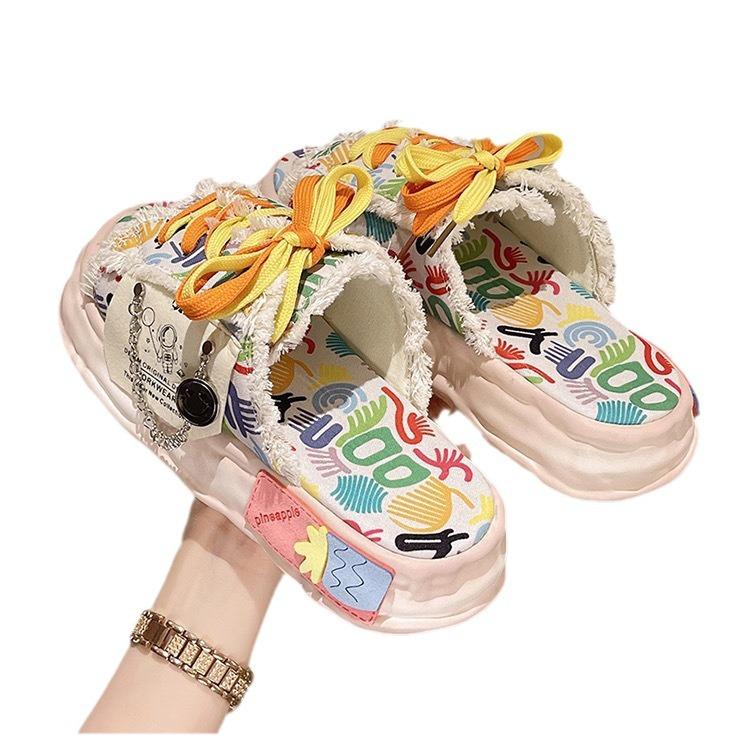 Fashion Fashion Casual Graffiti Thick-soled Slippers for Women Summer Outdoor Wear 2024 New Niche Design Stepping Shit Feeling Beach