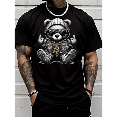 Taglie europee Stile Hip Hop Orso Cool Che Indossa Occhiali alla Moda Felpa con Cappuccio Catena Dorata Che Fa il Gesto del Dito Medio Stampa Grafica T-shirt a Maniche Corte